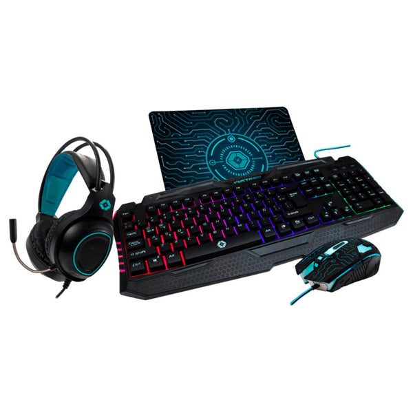 KIT GAMING VORTRED FULLY ARMED 4 EN 1 TECLADO/ MOUSE/ AUDÍFONOS/ MOUSE PAD (NEGRO)